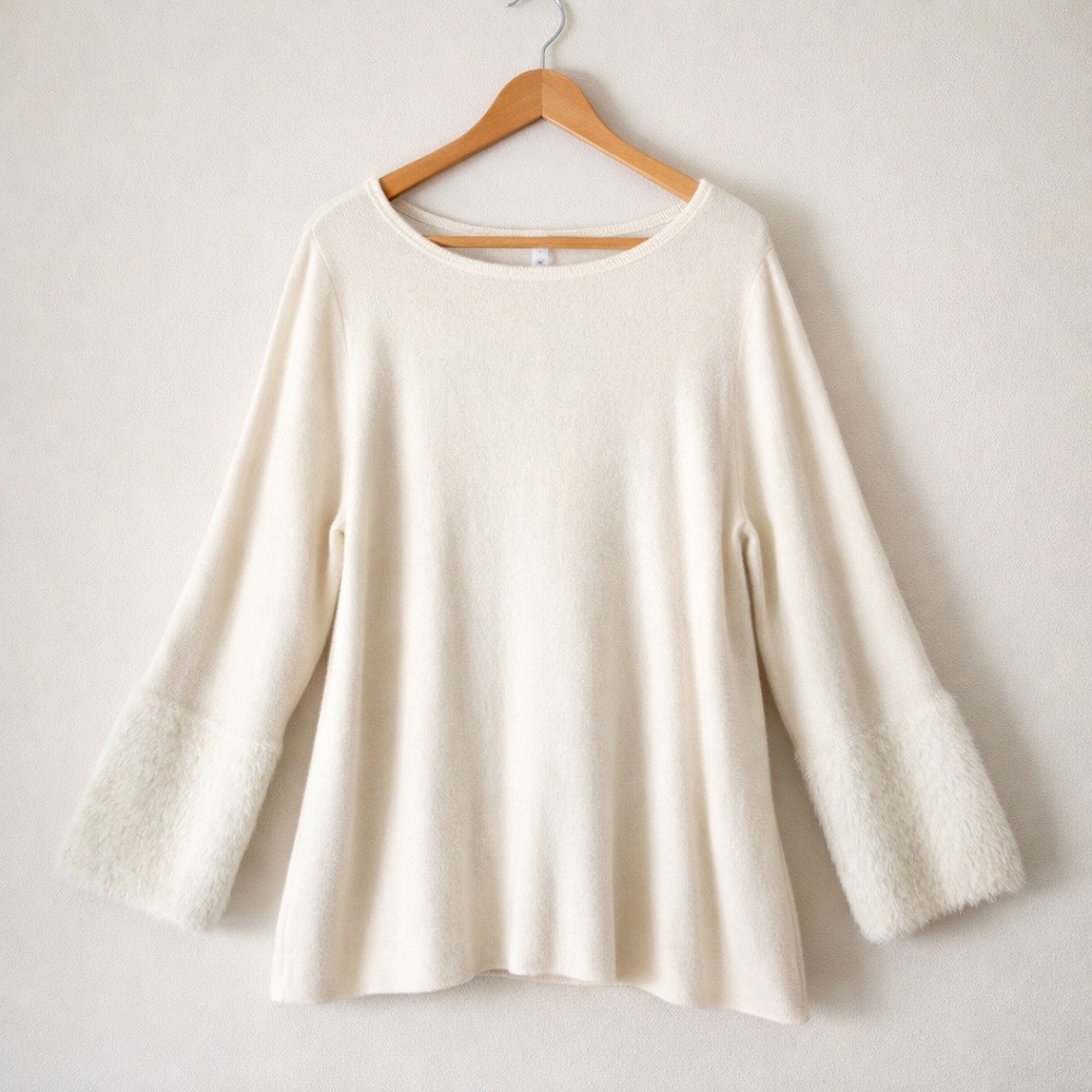 J.Jill Barley XL Cream Faux Fur Cuff Textured Knit Sweater Polished Casual